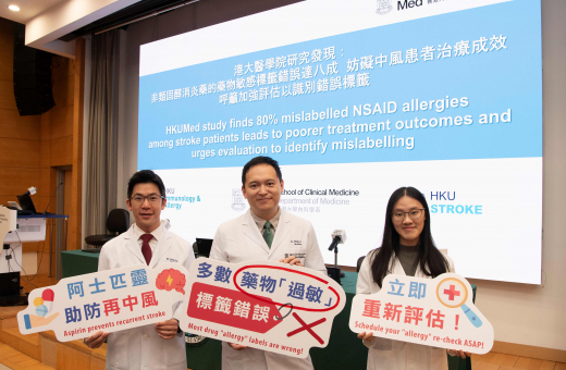 HKUMed study finds that 80% mislabelled NSAID allergies for stroke survivors hinders the use of effective medications, like aspirin, for them, leading to poorer treatment outcomes. (From left) Dr Gary Lau Kui-kai, Dr Philip Li Hei and MBBS student Cheryl 